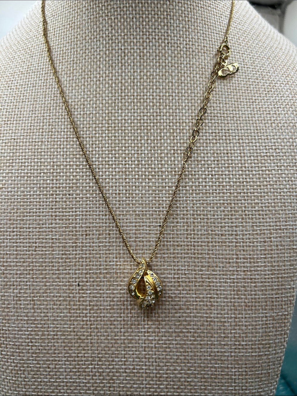 Dior Gold Vintage Crystal Ribbon Teardrop Necklace